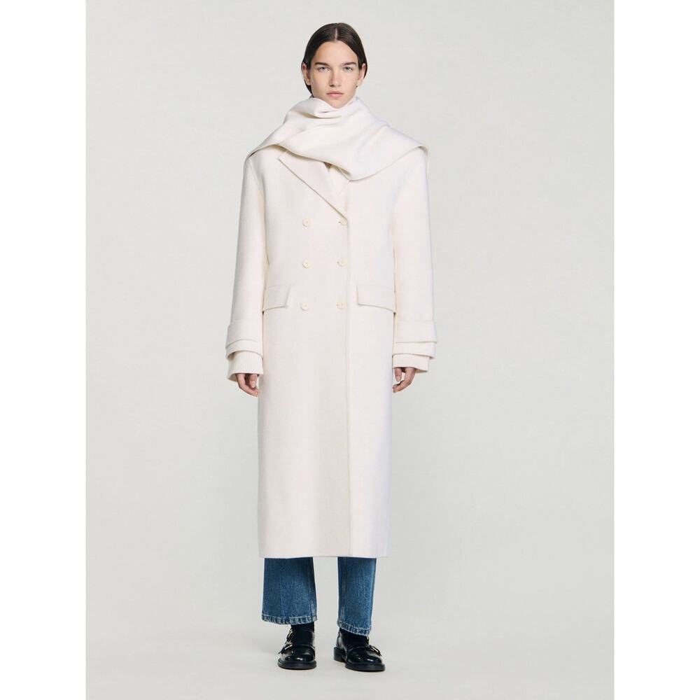 Sandro Womens Wrap Scarf Collar Long Overcoat 42 White - Picture 2 of 15
